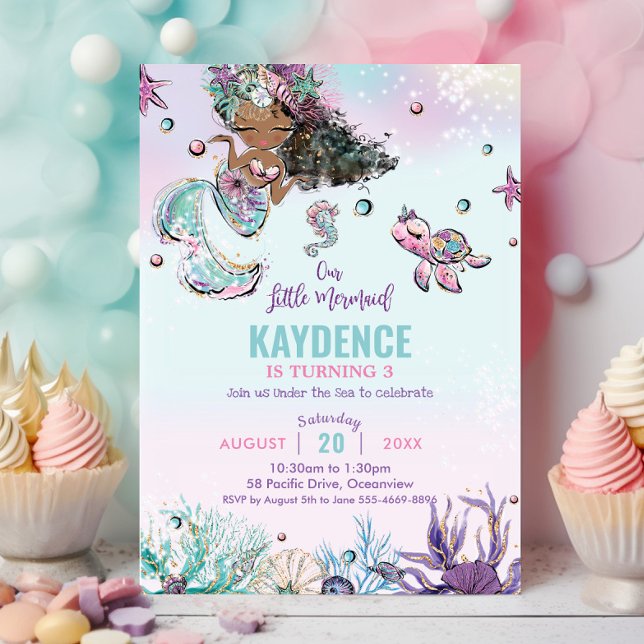 Viktig Sjöjungfru under Födelsedagsfesten om hav Inbjudningar (whimsical-cute-brown-black-african-mermaid-under-the-sea-birthday-invitation-card-printed)