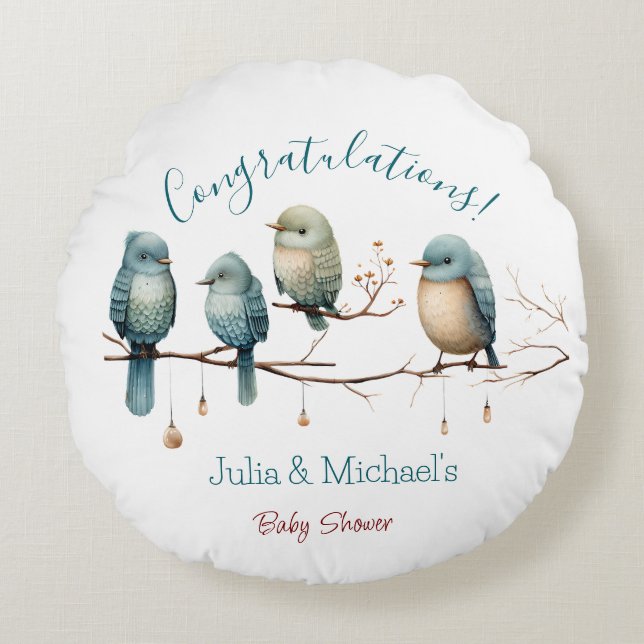 Viktiga fåglar på Grenar Pastel Baby Shower Rund Kudde (Framsidan)
