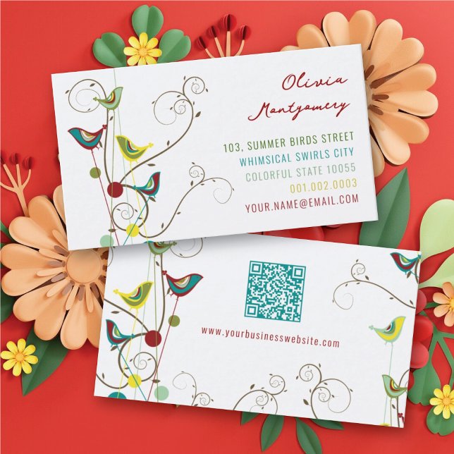 Viktiga färgstarka sommarfåglar och saxar moderna visitkort (Whimsical Colorful Summer Birds And Swirls Modern Business/Profile Card fat_fa_tin)