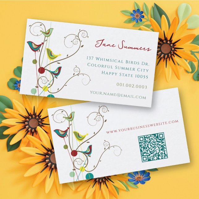 Viktiga färgstarka sommarfåglar och saxar moderna visitkort (Whimsical Colorful Summer Birds And Swirls Modern Business Card @ fat_fa_tin)