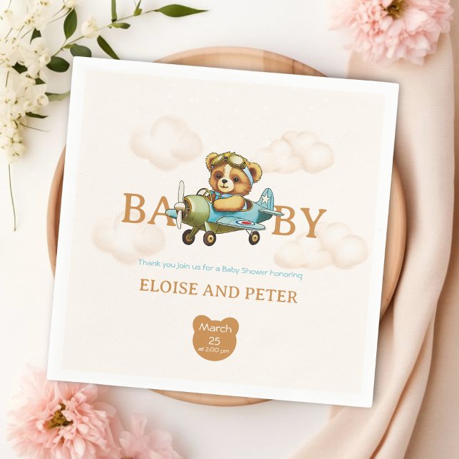 Viktiga moln Flygplanets pilotNalle Pappersservett (Whimsical clouds Airplane Pilot Teddy Bear Napkins
)