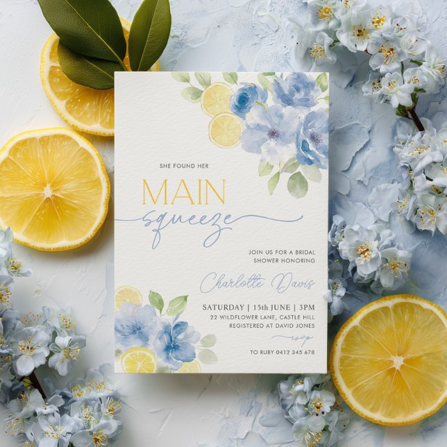 Viktigaste Citrus Lemon Blue-Möhippa Inbjudningar (Main Squeeze Blue Lemon Bridal Shower Invitation | Blue Flowers and Lemon Slices)