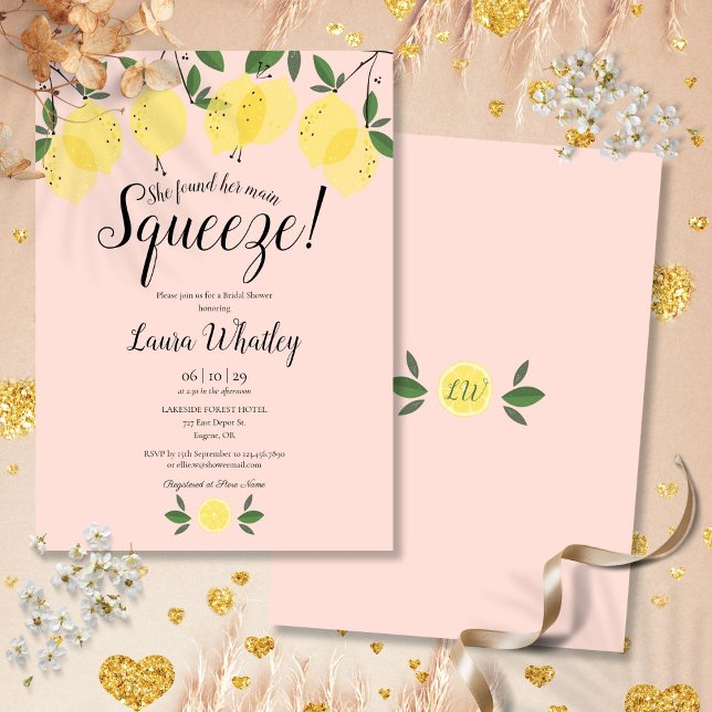 Viktigaste Lemon-Möhippan för  Rosa Inbjudningar (Main Squeeze Lemon Blush Pink Bridal Shower Invitation)