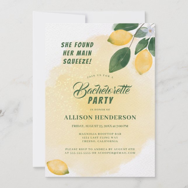 Viktigaste Squeeze Watercolor Lemons Bachelorette  Inbjudningar (Framsida)