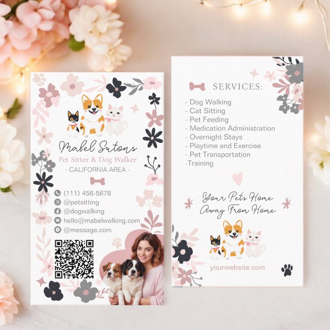 Viktigt blommigt, söt rosa, barnvakt visitkort (Whimsical floral cute pink pet sitter dog walker business card)