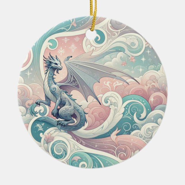 Viktigt Drake: Pastel Dragon Fantasy Julgransprydnad Keramik (Framsidan)