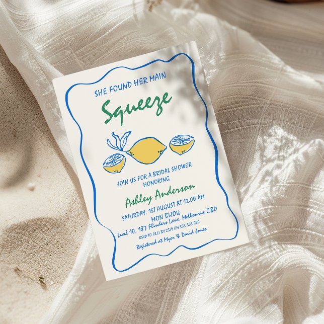 Viktigt Färgad: Möhippa för huvudsäck Inbjudningar (Whimsical She Found Her Main Squeeze Bridal Shower Invitation, Drawn Lemon Bridal Shower Invitation,)