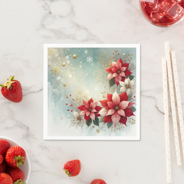Viktigt Festive Poinsettia Snöflingor Decoupage Pappersservett (Insitu)