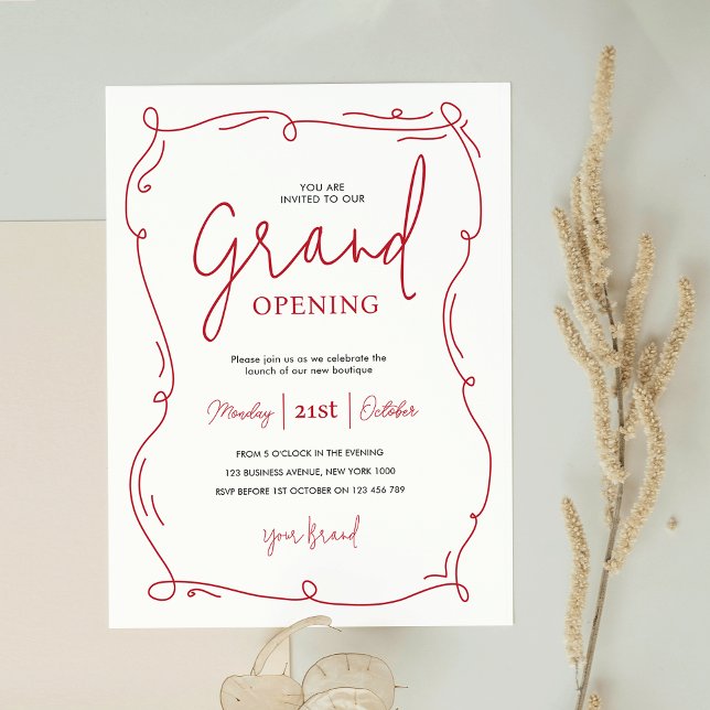 Viktigt Hand plockade Modern stor öppningsverksamh Inbjudningar (Elegant whimsical business opening event invitation in white and red with hand drawn frame)