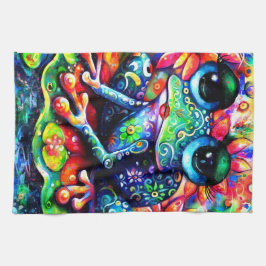 Viktigt intressionistisk Blommigt Frog Grönt Blue Kökshandduk