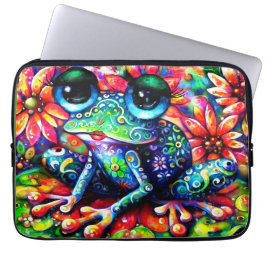 Viktigt intressionistisk Blommigt Frog Grönt Blue Laptop Fodral