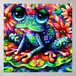 Viktigt intressionistisk Blommigt Frog Grönt Blue Poster