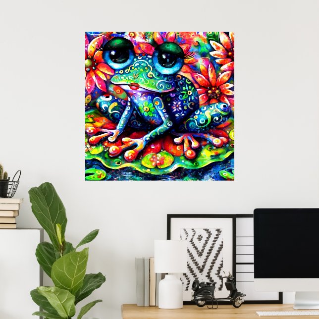 Viktigt intressionistisk Blommigt Frog Grönt Blue Poster (Hemmakontoret)