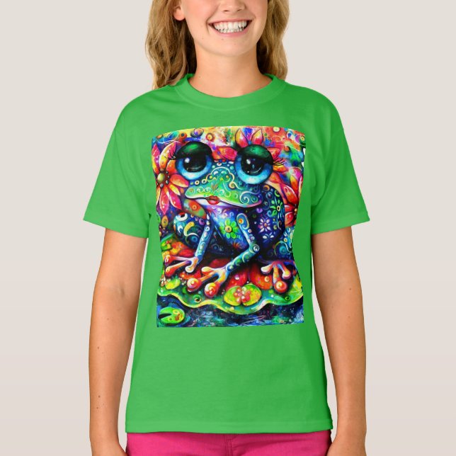 Viktigt intressionistisk Blommigt Frog Grönt Blue T Shirt (Framsida)