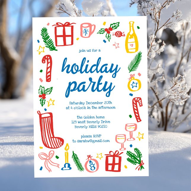 Viktigt Julfest i julklapp Anpassningsbar Inbjudningar (Whimsical Christmas Holiday Party Cute Doodle Colorful Custom Invitation
)