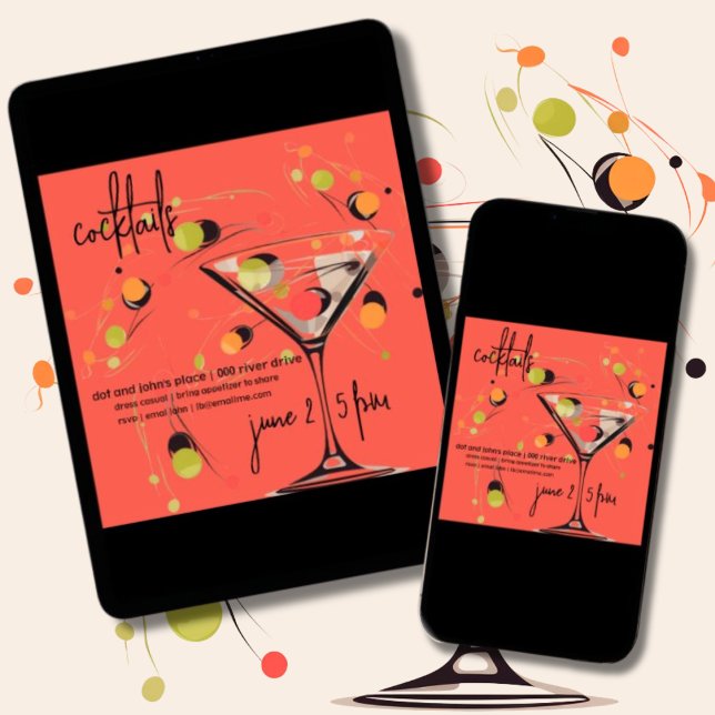 Viktigt medelårhundars moderna koksvanstimme inbjudningar (Whimsical mid century modern martini and olives customizable house or birthday party invitation.)