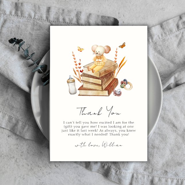 Viktigt Neutralt Boho Bok, babyskor för  Tack Kort (Whimsical Neutral Boho Book Mouse Baby Shower Thank You Card)