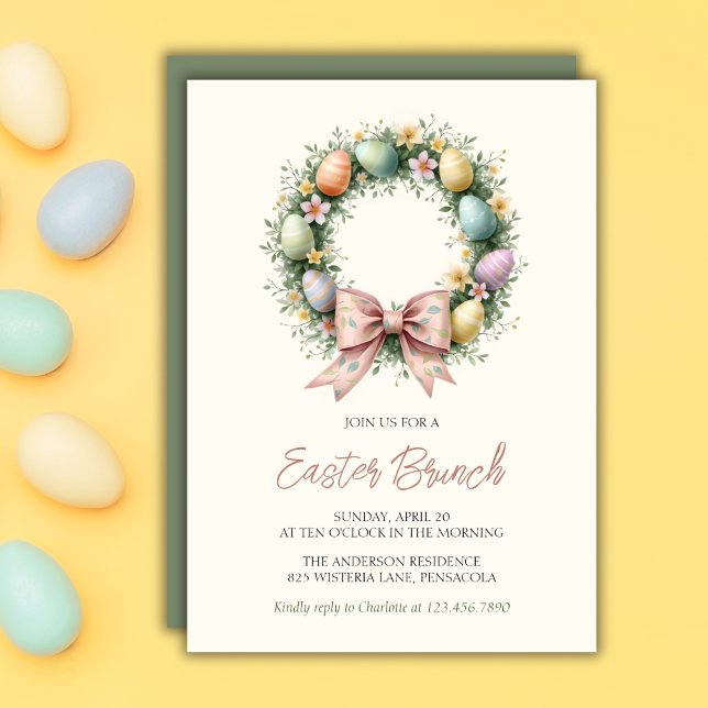 Viktigt Påskägg Rosa av andedräkt Inbjudningar (Whimsical Easter Egg Wreath Pink Bow Family Brunch Invitation)