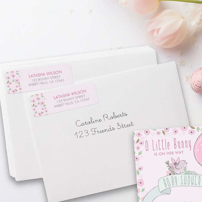 Viktigt Rosa Flowers Returadressetikett Returadress Etikett (Whimsical Pink Flower Address Labels from my Little Bunny & Balloon Baby Shower collection)
