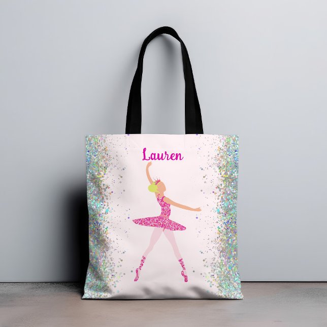 Viktigt Rosa Glitter Ballerina-utseende Tygkasse (Light Hair Pink Glitter Dress Ballerina Crown Tote Bag)