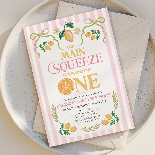 Viktigt Rosa Lemon Main Squeeze 1:a födelsedagen Inbjudningar (Lemon Main Squeeze 1st Birthday Invitation Template, Main Squeeze 1st Birthday Invite, Whimsical)