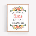 Viktigt välkomnande av Möhippan för  koral Blommig Poster<br><div class="desc">Bröllop möhippa välkomnar poster/tecken med snyggt text som ramats in av en vismisk krans av sommar eller fall-blommigt med färgstarka vattenfärger blommor,  löv och grönt i skuggor av  rosa,  gyllene gult,  koral,  orange röd,  violett lila och grönt. Innehåller anpassningsbar av snyggt som kan vara personlig med bridens första namn.</div>