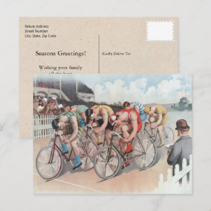 Viktorian Bicycle Tävling Watercolor Helgdag Postc Vykort