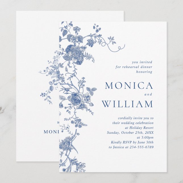 Viktorian Blue Fransk Blommigt Rehearsal Dinner Inbjudningar (Fram/baksida)
