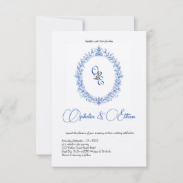 Viktorian Blue Monogram Blommigt Vapensköld Inbjudningar