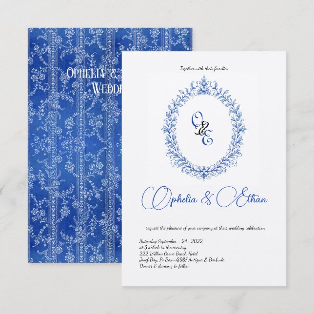 Viktorian Blue Monogram Blommigt Vapensköld Inbjudningar (Fram/baksida)