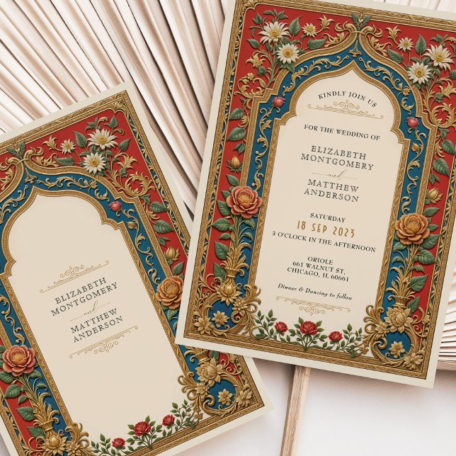 Viktorian Bröllop Red & Guld Blommigt Accents Inbjudningar (Skapare uppladdad)