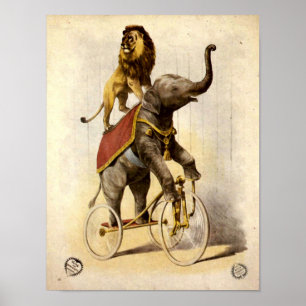 Viktorian Era Circus Lejon och Elephant på trecyke Poster
