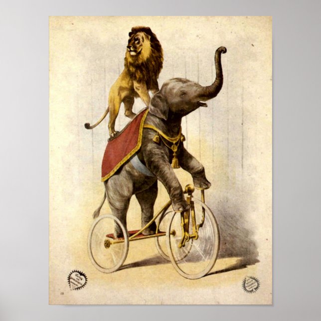 Viktorian Era Circus Lejon och Elephant på trecyke Poster (Framsidan)