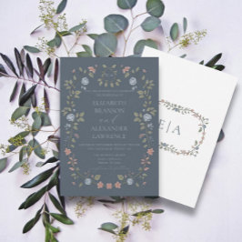 Viktorian Garden Dusty Blue Monogram Inbjudan V4