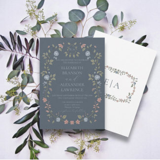 Viktorian Garden Dusty Blue Monogram Inbjudan V4