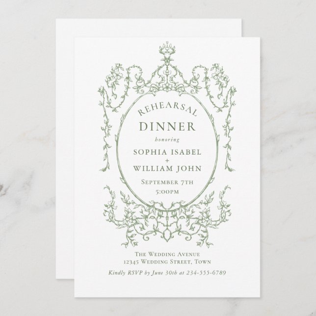 Viktorian Ornate Grace Sage Grönt Rehearsal Dinner Inbjudningar (Fram/baksida)