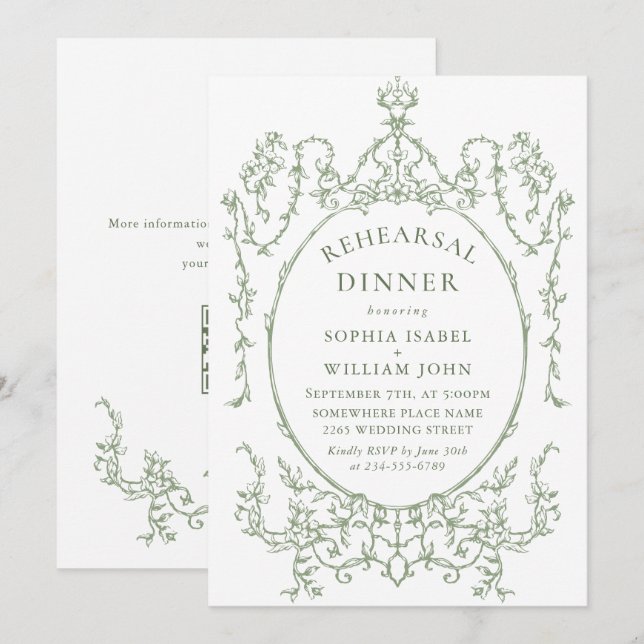 Viktorian Sage Grönt Rehearsal Dinner QR-kod Inbjudningar (Fram/baksida)