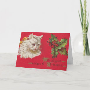 Viktorian White Cat and Holly-julkort Helgkort