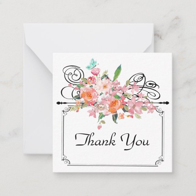 Viktoriansk blommigt hängskylt bröllop, vit svart  anteckningskort (Framsida)