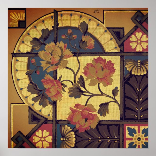 Viktoriansk blommigt och rödblå rödbrun poster (Framsidan)