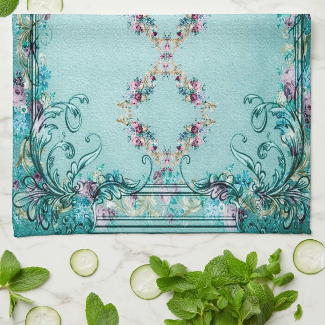 Viktoriansk blommigt Ro blommor och rulla elegant Kökshandduk (Vikta)