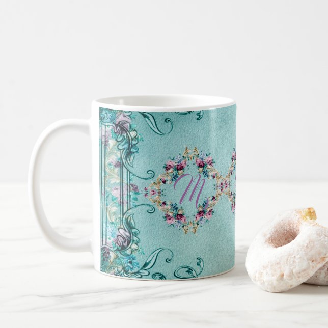 Viktoriansk blommigt teal lila elegant kaffemugg (Med munk)