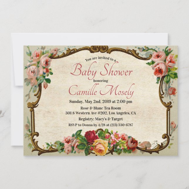 Viktoriansk blomsterram inbjudan till baby shower (Framsida)