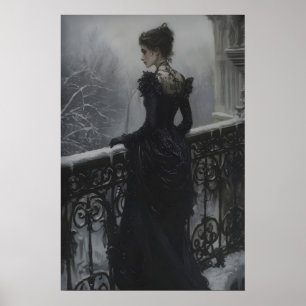 Viktoriansk dam på frostig balkong vintage gotik poster