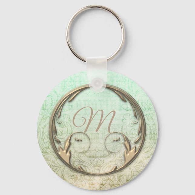 Viktoriansk dammskript guld grönt elegant nyckelring (Framsida)