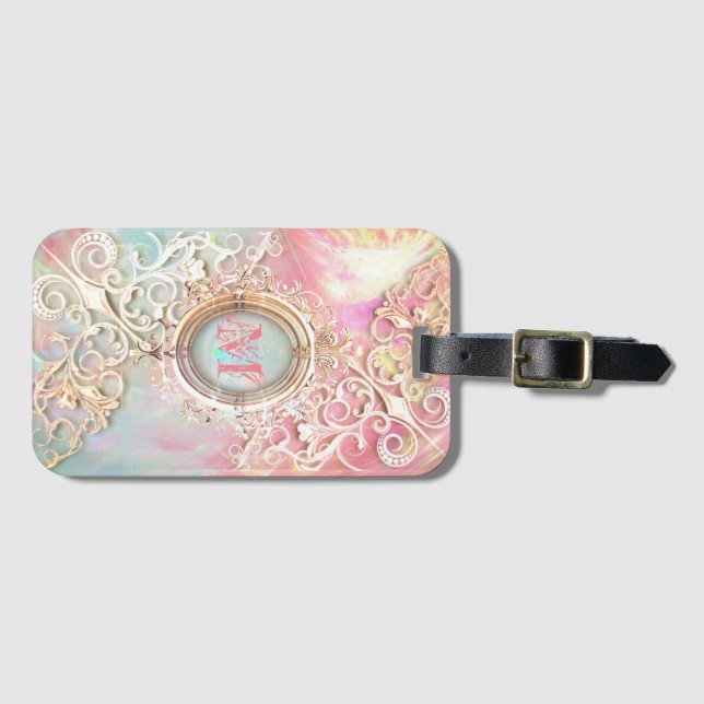 Viktoriansk filigree opal utseende rosa teal guld bagagebricka (Framsida horisontal)