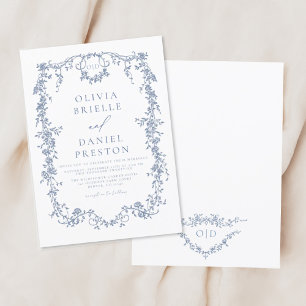 Viktoriansk Fransk Blue Blommigt Bröllop Monogram Inbjudningar