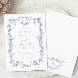 Viktoriansk Fransk Blue Blommigt Bröllop Monogram Inbjudningar