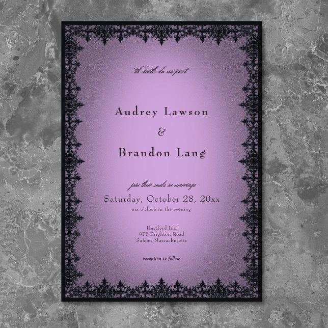 Viktoriansk gotisk järnram lila bröllop inbjudningar (Victorian Gothic Iron Border Purple Wedding Invitation)