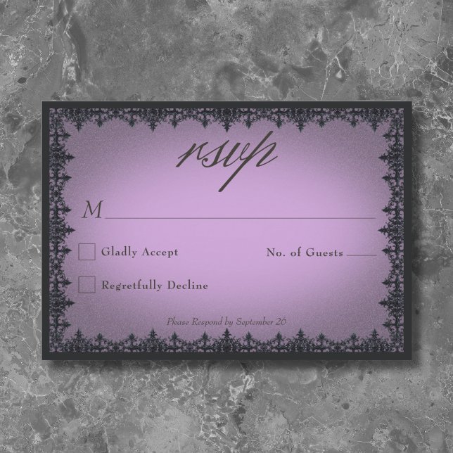 Viktoriansk gotisk järnram lila bröllop OSA kort (Victorian Gothic Iron Border Purple Wedding RSVP Card)